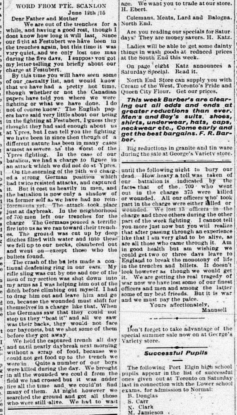 Port Elgin Times, July 28, 1915, p. 1